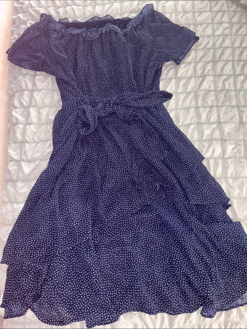 Navy Polka Dot Off-Shoulder Midi Dress